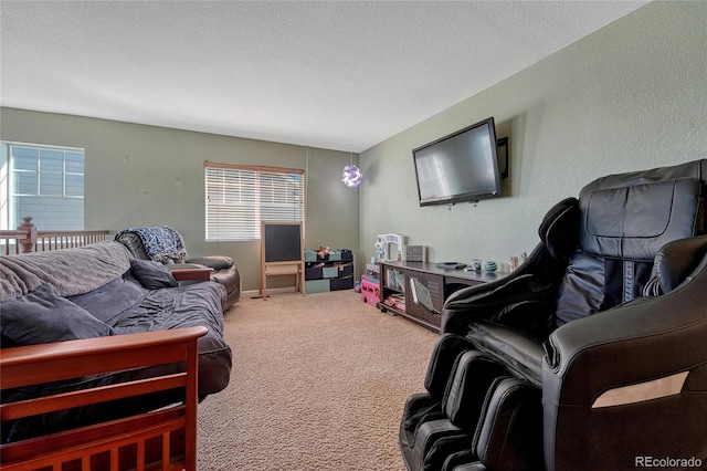 carpeted living area with a textured ceiling