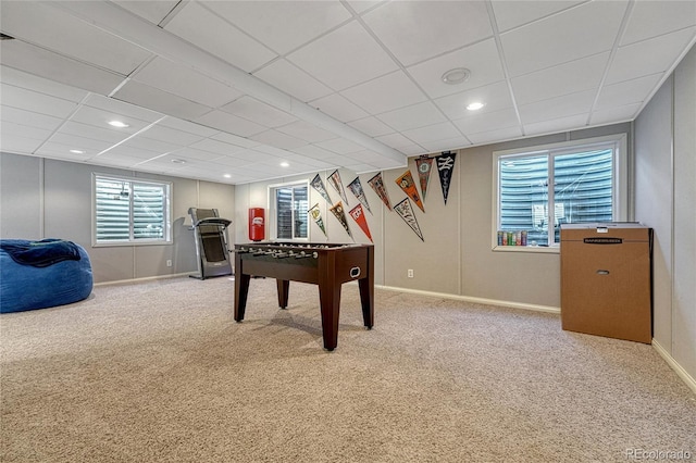 game room featuring a paneled ceiling, baseboards, carpet flooring, and recessed lighting