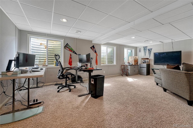 carpeted office with a paneled ceiling, baseboards, and recessed lighting