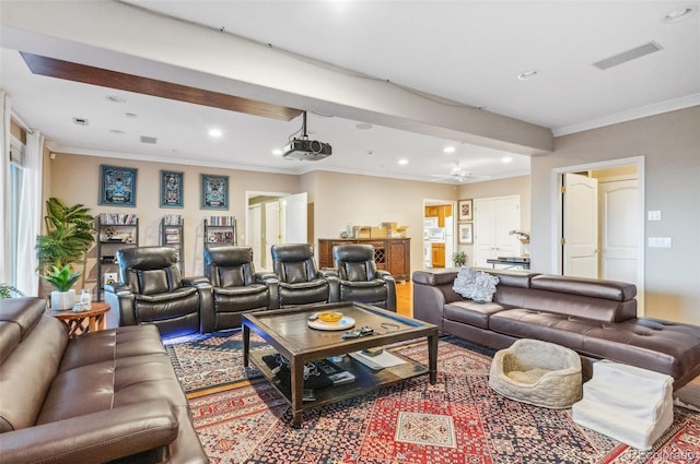 living room featuring visible vents, recessed lighting, and crown molding