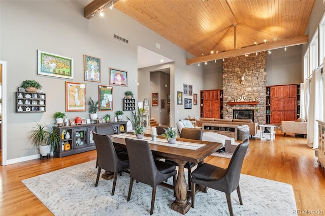 dining area featuring light wood finished floors, visible vents, track lighting, wooden ceiling, and a fireplace