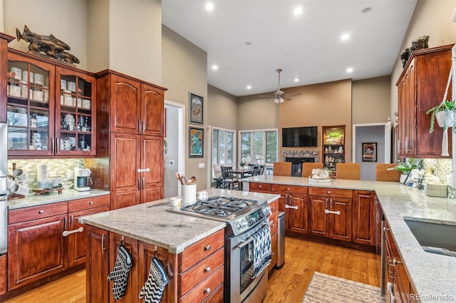 kitchen with ceiling fan, light stone counters, light wood-type flooring, and stainless steel appliances