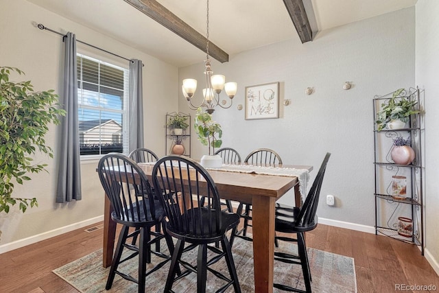 dining space with beam ceiling, dark hardwood / wood-style floors, and an inviting chandelier