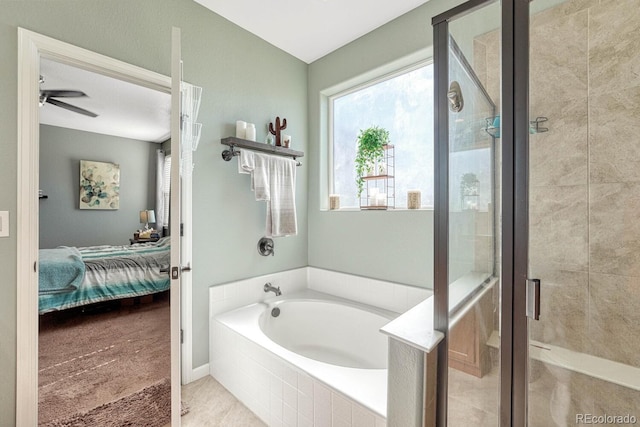 ensuite bathroom with a garden tub, french doors, a stall shower, and ensuite bath