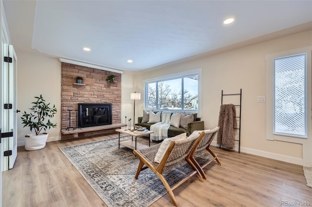 living room featuring wood-type flooring and a stone fireplace