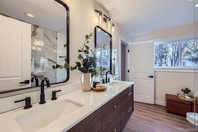 bathroom featuring vanity, hardwood / wood-style floors, and a shower with shower door