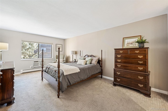 carpeted bedroom featuring a wall mounted air conditioner and baseboard heating