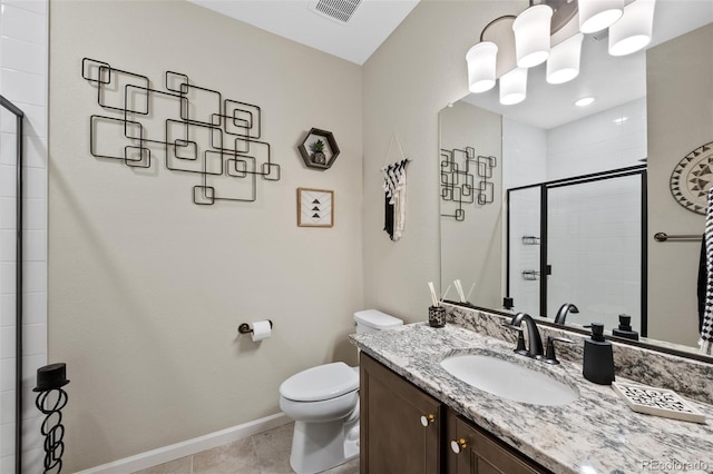 full bathroom featuring visible vents, baseboards, toilet, vanity, and a shower stall