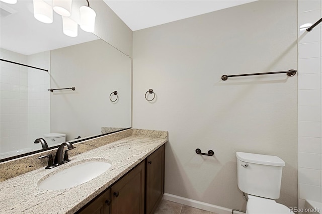 full bathroom with tile patterned flooring, vanity, a shower, toilet, and baseboards