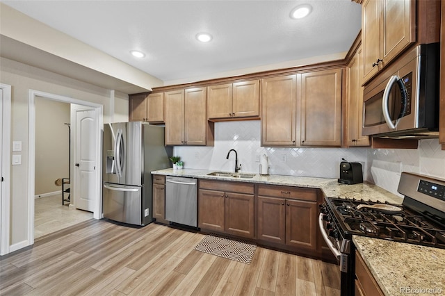 kitchen with stainless steel appliances, a sink, light wood-style flooring, and tasteful backsplash