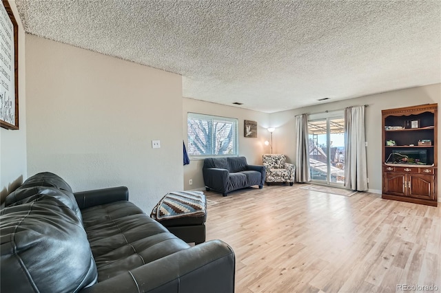 living room featuring plenty of natural light, light hardwood / wood-style floors, and a textured ceiling