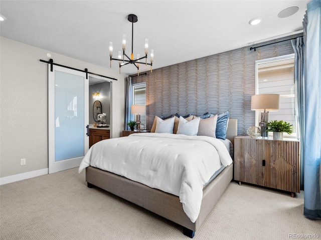 1787 W 166th Ave, Broomfield, CO 80023 - bedroom featuring a chandelier, light carpet, a barn door, recessed lighting, and ensuite bathroom