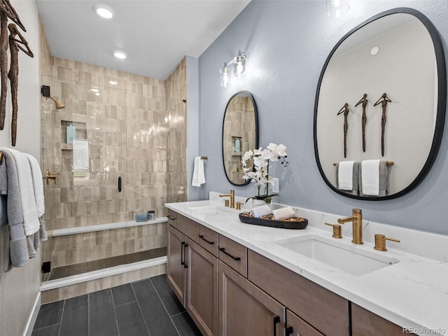 1787 W 166th Ave, Broomfield, CO 80023 - full bath featuring double vanity, a stall shower, and recessed lighting