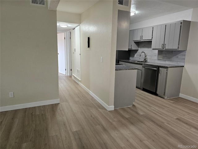 16259 W 10th Ave Unit K-3, Golden, CO 80401 - kitchen with stainless steel dishwasher, gray cabinetry, light wood finished floors, backsplash, and dark stone countertops