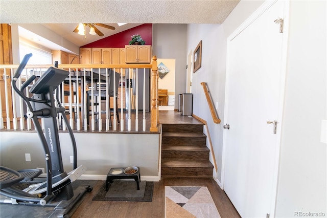 workout room featuring dark wood-type flooring, vaulted ceiling, a textured ceiling, and ceiling fan