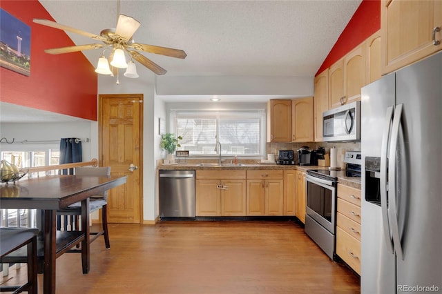 kitchen featuring wood finished floors, a sink, appliances with stainless steel finishes, decorative backsplash, and light brown cabinetry