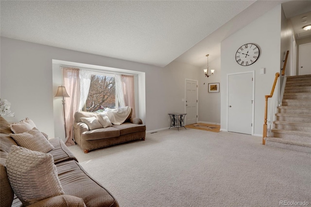 carpeted living area with baseboards, a chandelier, stairway, a textured ceiling, and high vaulted ceiling