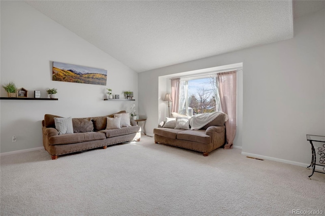 carpeted living room with lofted ceiling, visible vents, baseboards, and a textured ceiling