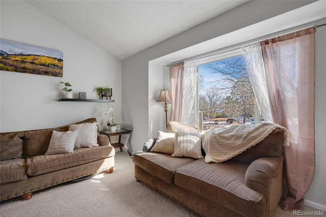 carpeted living area featuring vaulted ceiling and a textured ceiling