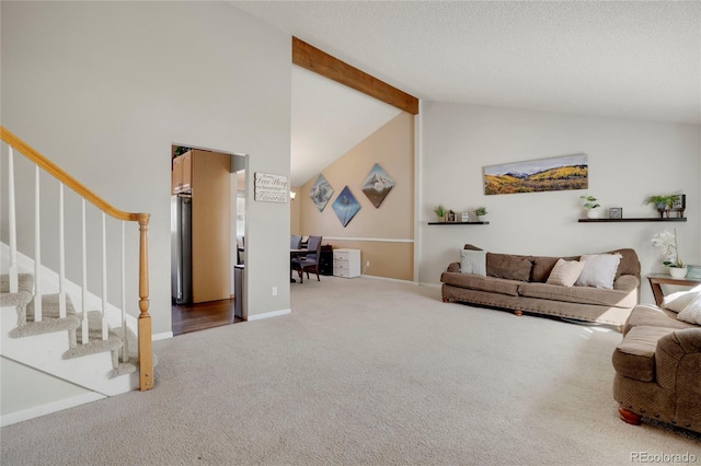 carpeted living area with stairway, a textured ceiling, high vaulted ceiling, beamed ceiling, and baseboards