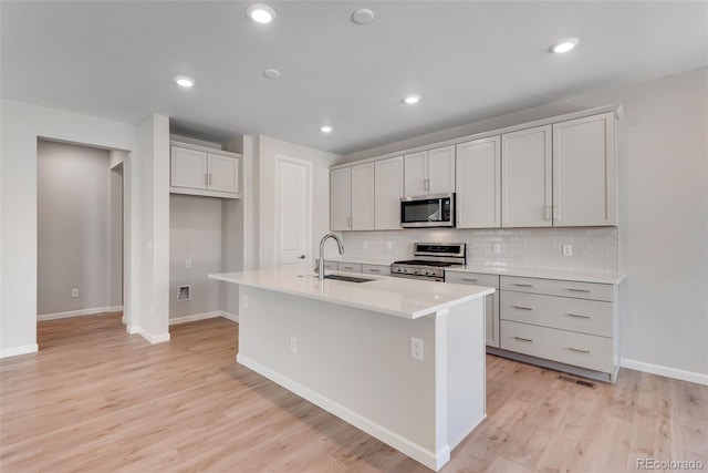 kitchen with a sink, stainless steel appliances, a kitchen island with sink, baseboards, and backsplash
