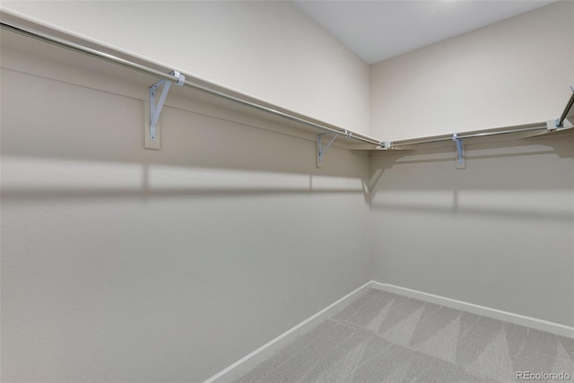 walk in closet featuring light colored carpet
