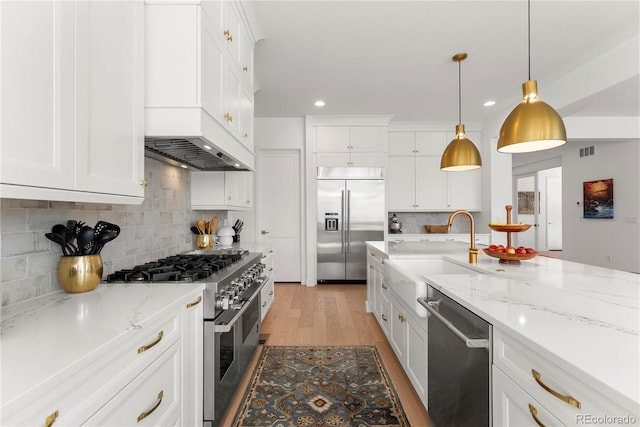 kitchen with white cabinets, decorative backsplash, high end appliances, light wood-style floors, and a sink