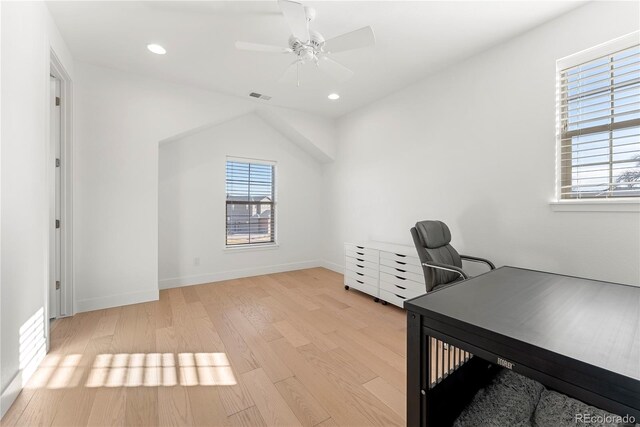 unfurnished office featuring visible vents, baseboards, a ceiling fan, light wood-style flooring, and recessed lighting