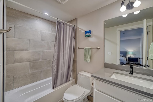 full bathroom with vanity, toilet, and shower / bathtub combination with curtain