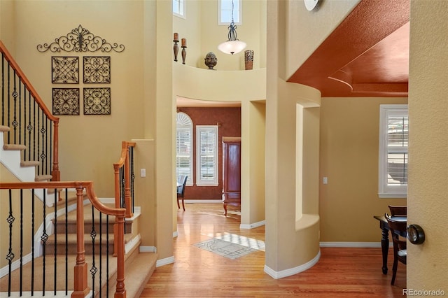 entrance foyer with a high ceiling and hardwood / wood-style floors