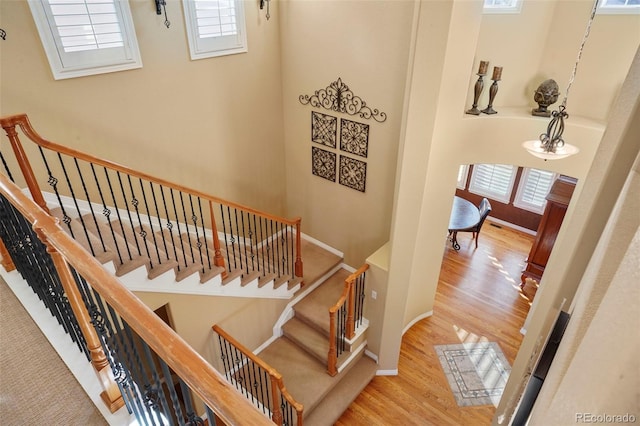 stairway featuring a towering ceiling and wood-type flooring