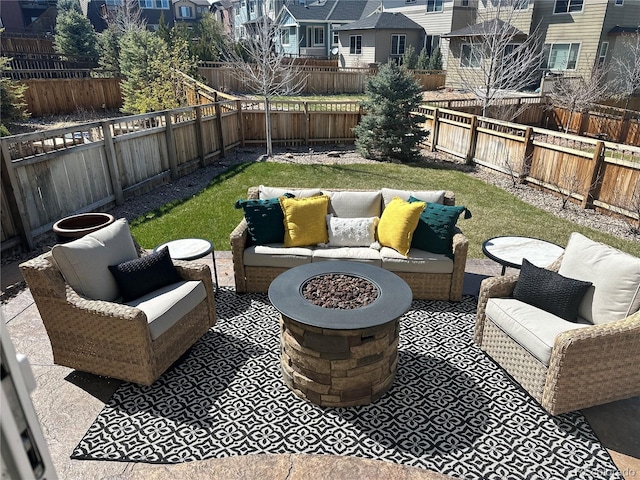3173 Youngheart Way, Castle Rock, CO 80109 - view of patio / terrace featuring an outdoor living space with a fire pit and a residential view