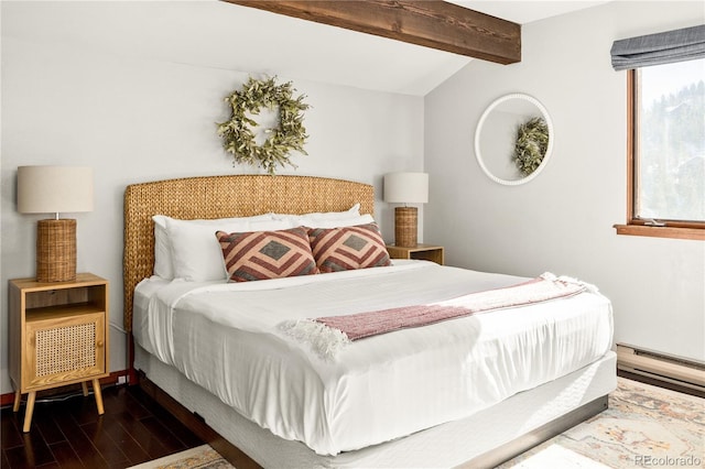 bedroom featuring beamed ceiling, a baseboard radiator, and dark wood-type flooring