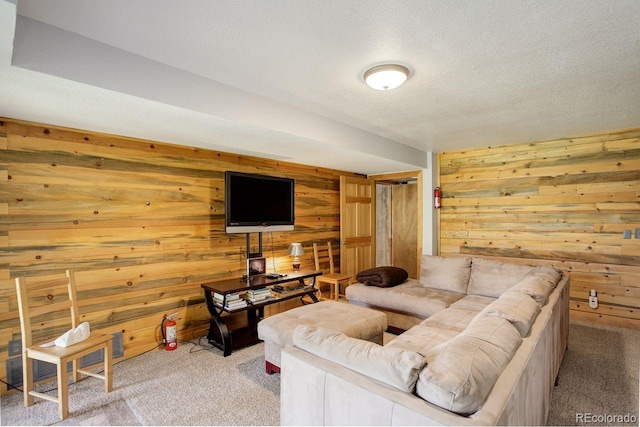 13190 Coyote Song Trl, Conifer, CO 80433 - carpeted living area featuring wooden walls and a textured ceiling