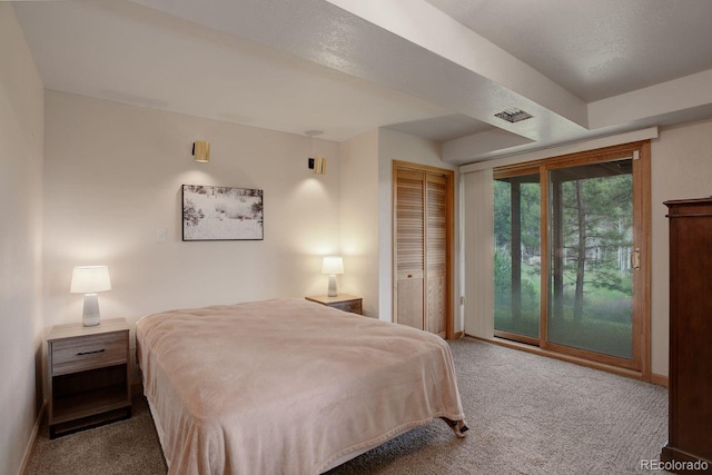 13190 Coyote Song Trl, Conifer, CO 80433 - carpeted bedroom featuring access to exterior and baseboards