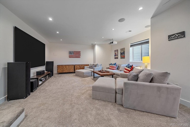 living room with light colored carpet