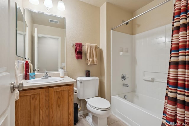 full bathroom with tile patterned floors, vanity, toilet, and shower / bathtub combination with curtain