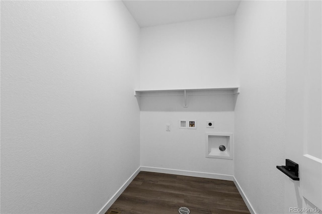 washroom with hookup for a washing machine, dark wood finished floors, baseboards, and hookup for an electric dryer