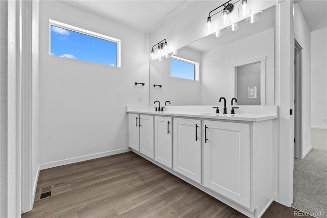 bathroom featuring double vanity, wood finished floors, and baseboards
