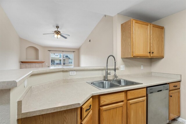 7440 S Blackhawk St Unit 7-303, Englewood, CO 80112 - kitchen featuring stainless steel dishwasher, a sink, a ceiling fan, light countertops, and a peninsula