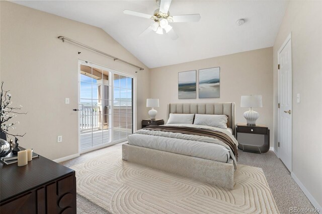 7440 S Blackhawk St Unit 7-303, Englewood, CO 80112 - bedroom featuring access to outside, baseboards, light carpet, vaulted ceiling, and ceiling fan