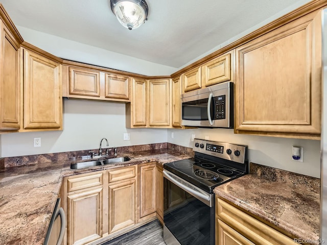 kitchen with appliances with stainless steel finishes, wood finished floors, dark stone counters, and a sink