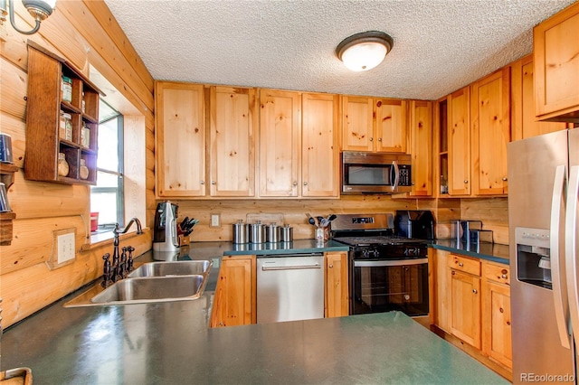 1275 Niagara St, Denver, CO 80220 - kitchen featuring appliances with stainless steel finishes, a sink, a textured ceiling, dark countertops, and open shelves