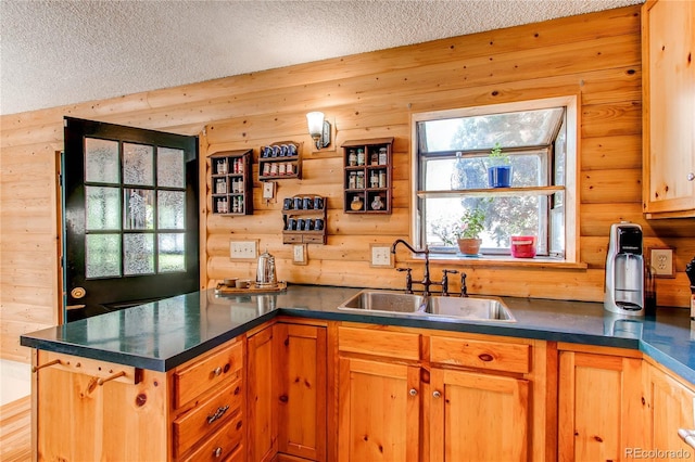 1275 Niagara St, Denver, CO 80220 - kitchen with a sink, a textured ceiling, dark countertops, wood walls, and brown cabinetry