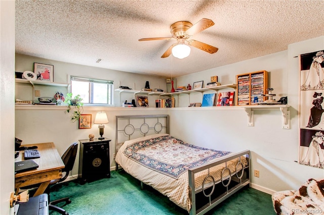 1275 Niagara St, Denver, CO 80220 - bedroom featuring carpet floors, a textured ceiling, baseboards, ceiling fan, and a desk