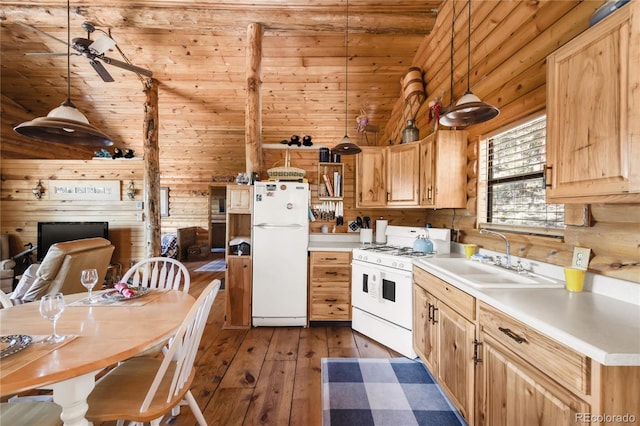 73 Elk Way, Drake, CO 80515 - kitchen with white appliances, a sink, light countertops, dark wood-style flooring, and wood ceiling