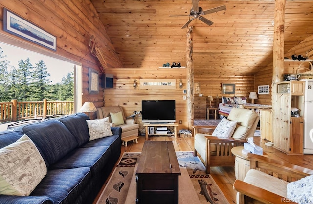 73 Elk Way, Drake, CO 80515 - living area featuring vaulted ceiling, wood-type flooring, ceiling fan, wooden walls, and wooden ceiling