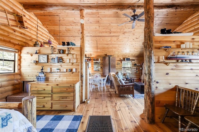 73 Elk Way, Drake, CO 80515 - bedroom featuring rustic walls, hardwood / wood-style floors, vaulted ceiling, and wooden ceiling