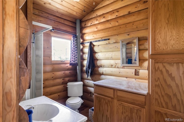 73 Elk Way, Drake, CO 80515 - full bathroom with toilet, rustic walls, a stall shower, vanity, and wood ceiling