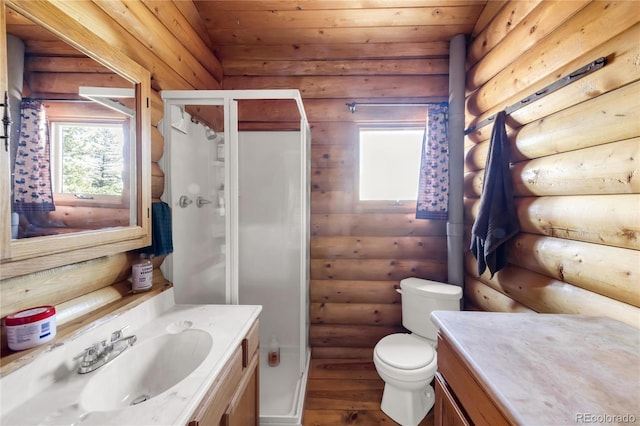 73 Elk Way, Drake, CO 80515 - full bath with rustic walls, vanity, a shower stall, toilet, and wood finished floors